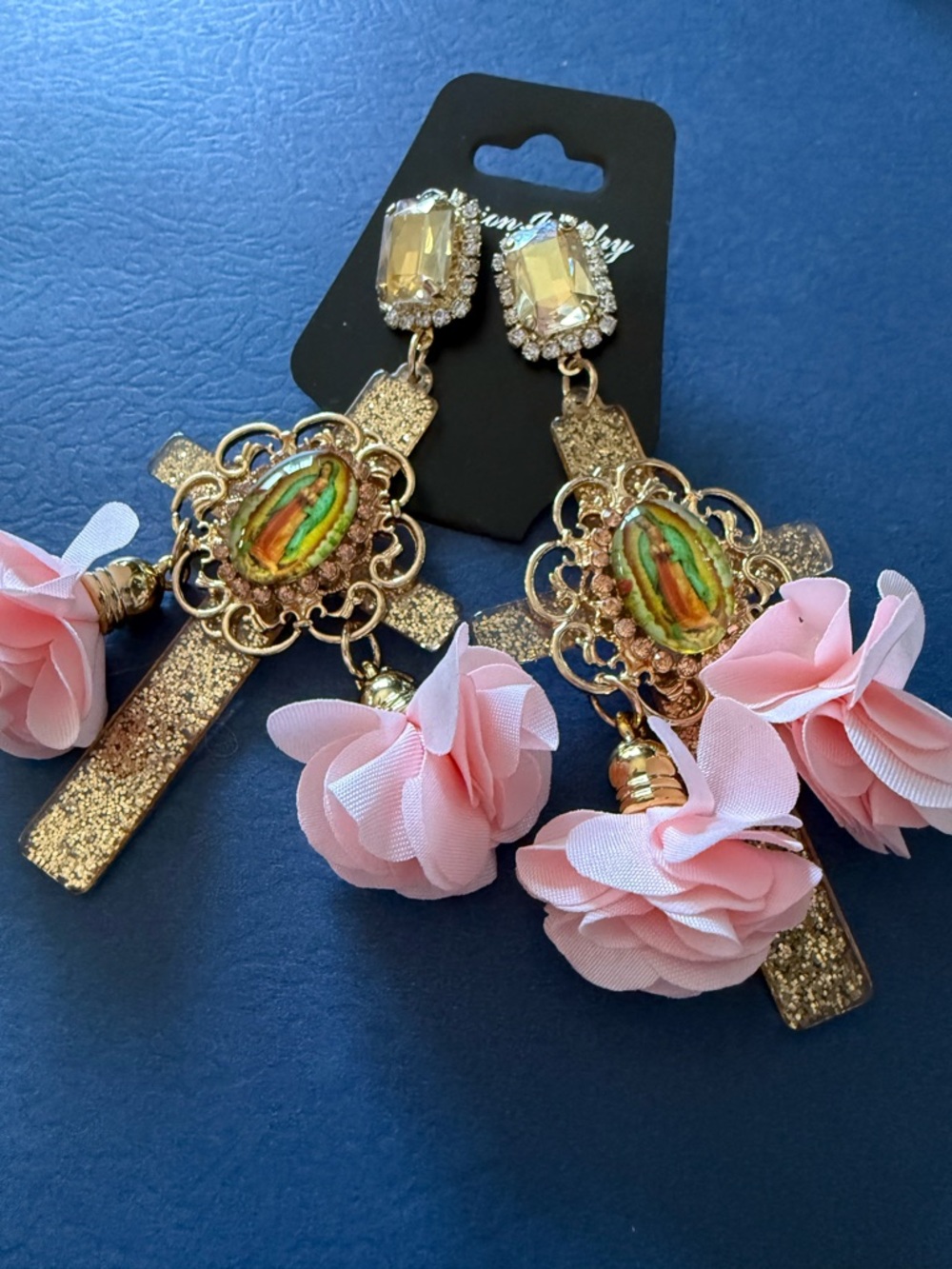 Gold Cross Guadalupe Drop Earrings with Pink Fabric Flowers